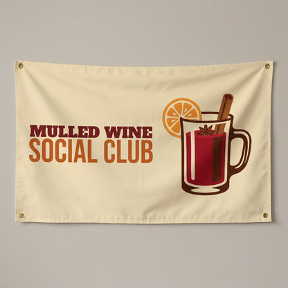 Mulled Wine Social Club flag 3x5 in cream with a mug of mulled wine, hung on a wall