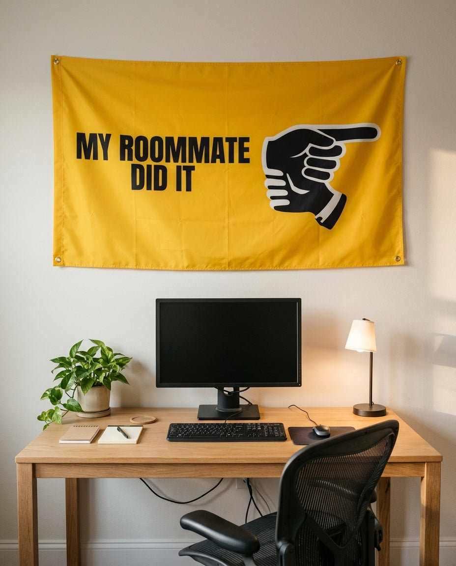 My Roommate Did It 3x5 flag on a home office wall