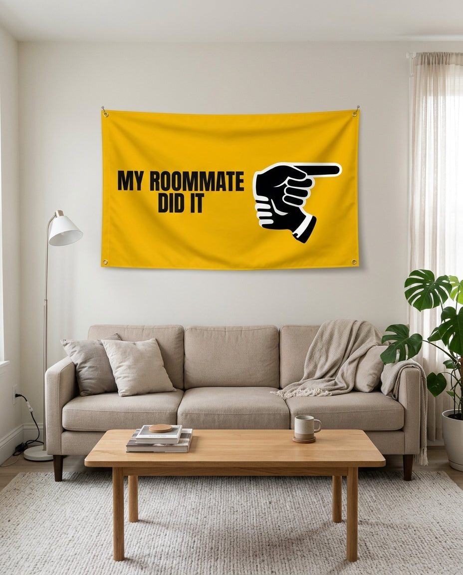 My Roommate Did It flag used as living room wall decor