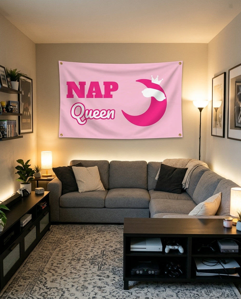 Nap Queen flag decorating a game room wall