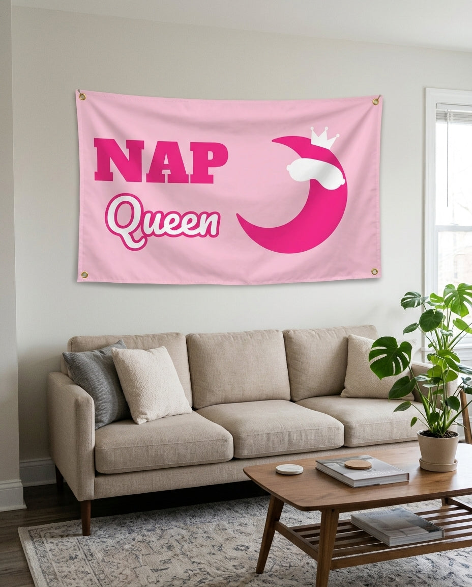 Nap Queen flag used as living room wall decor