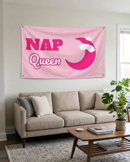Nap Queen flag used as living room wall decor