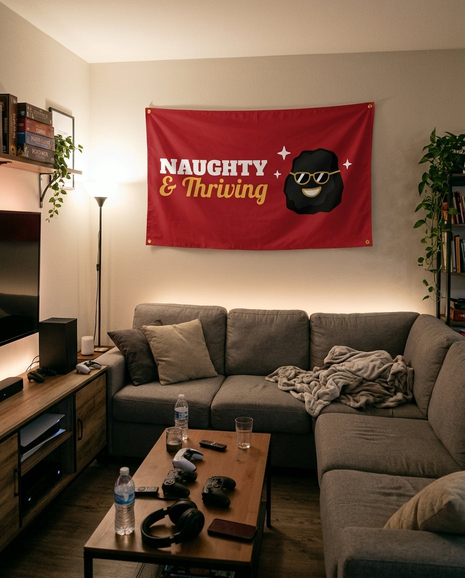 Naughty And Thriving flag decorating a game room wall