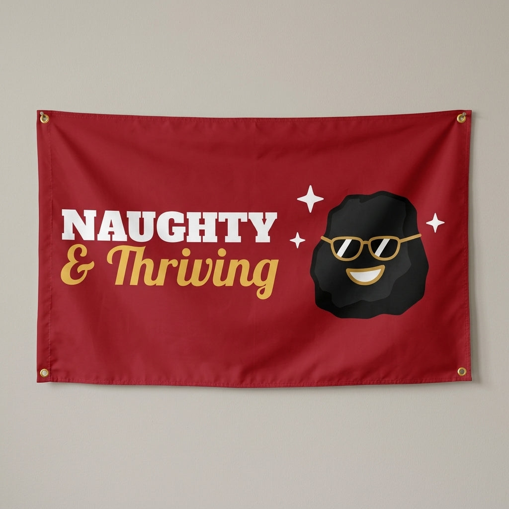 Naughty And Thriving flag 3x5 in red with a lump of coal in sunglasses, hung on a wall