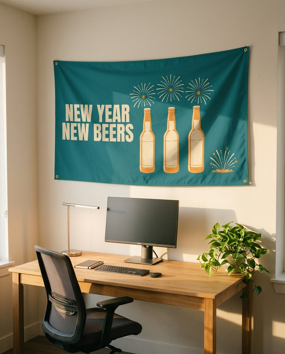 New Year New Beers 3x5 flag on a home office wall