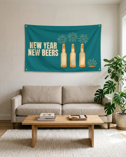 New Year New Beers flag used as New Year's living room wall decor