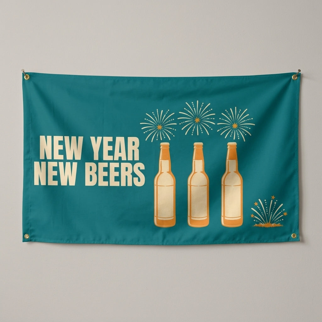 New Year New Beers flag 3x5 with three beer bottles under fireworks, hung on a wall