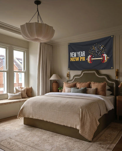 New Year New PR gymnastics wall flag hanging in a bedroom