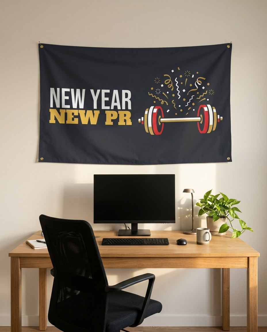 New Year New PR 3x5 flag on a home office wall