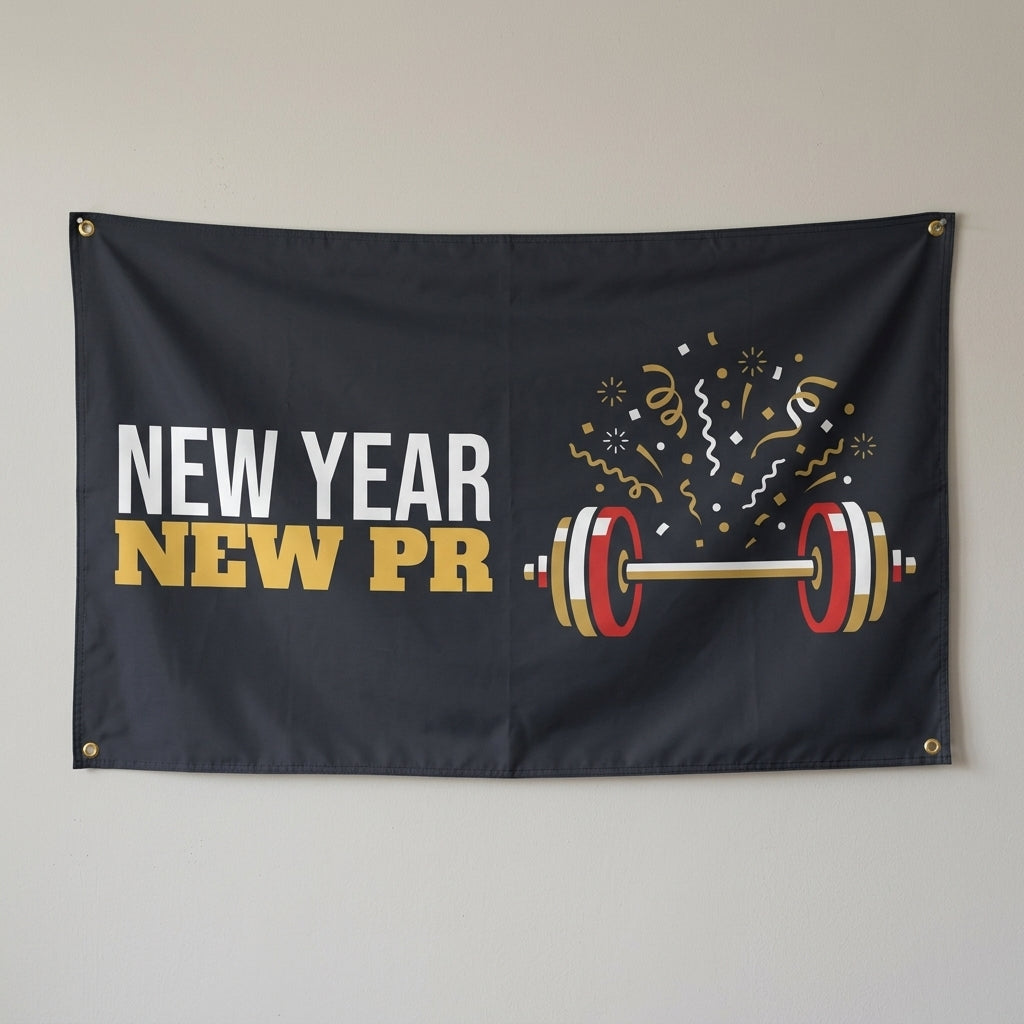 New Year New PR flag 3x5 in charcoal with a barbell under confetti, hung on a wall