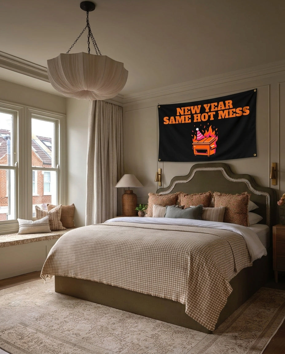 New Year Same Hot Mess New Year's wall flag hanging in a bedroom
