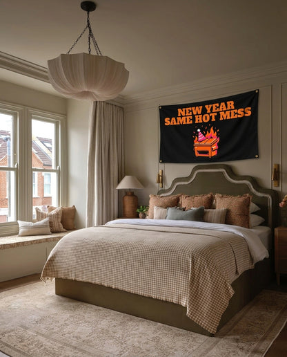 New Year Same Hot Mess New Year's wall flag hanging in a bedroom
