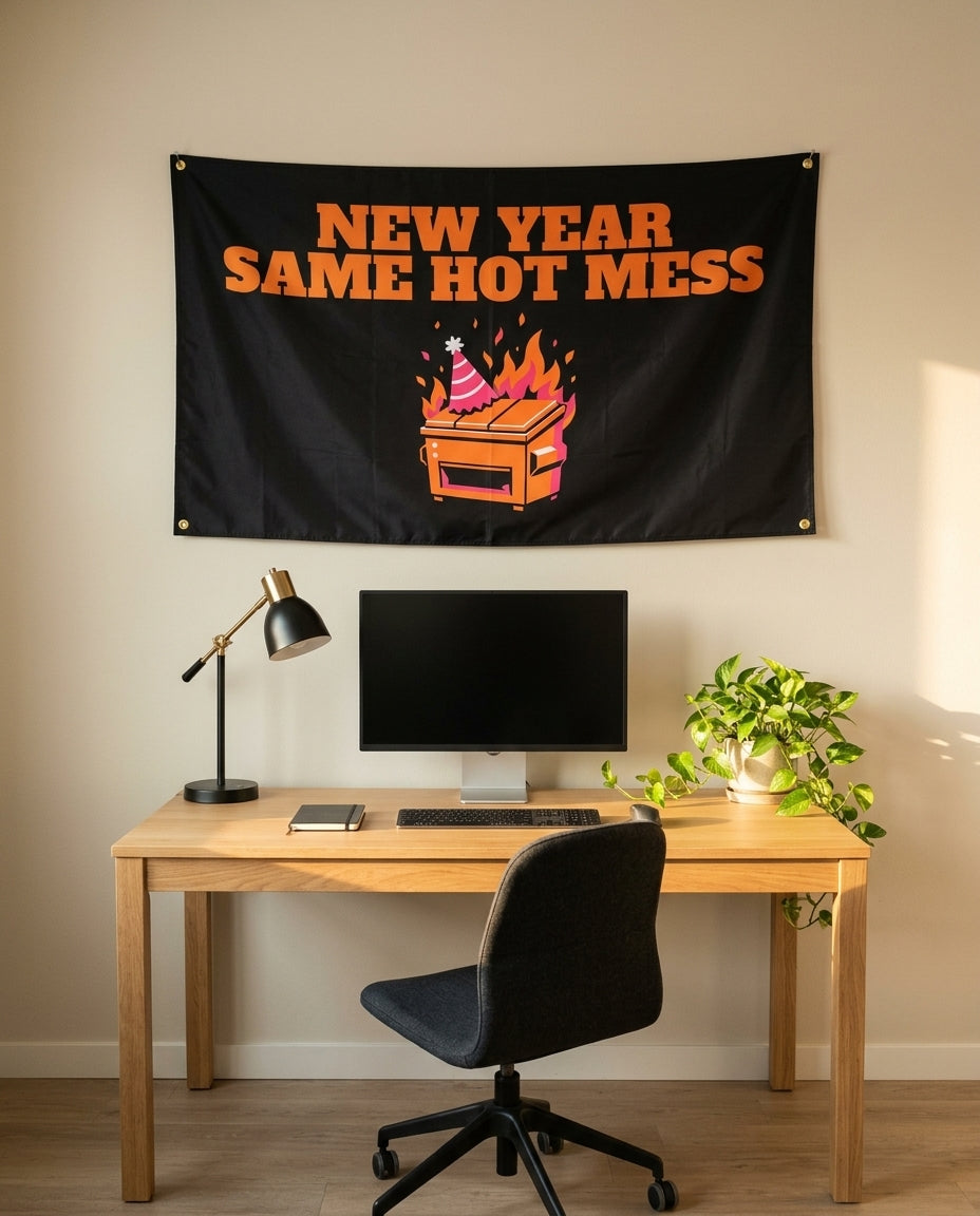 New Year Same Hot Mess 3x5 flag on a home office wall
