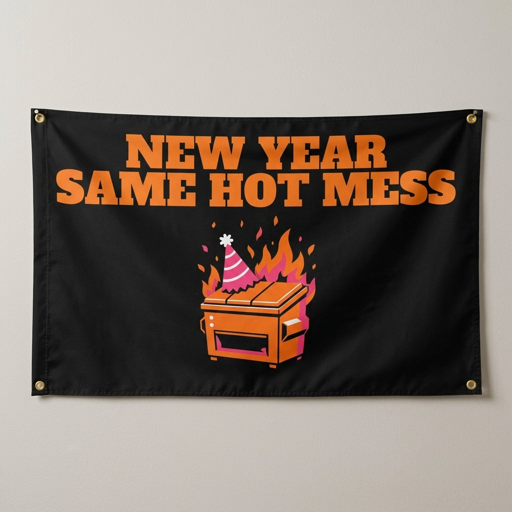 New Year Same Hot Mess flag 3x5 with a burning dumpster in a party hat, hung on a wall