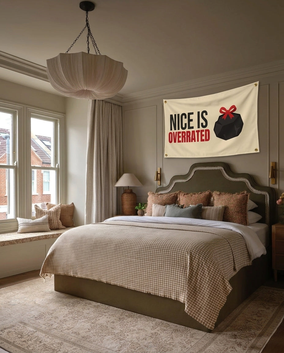 Nice Is Overrated Christmas wall flag hanging in a bedroom