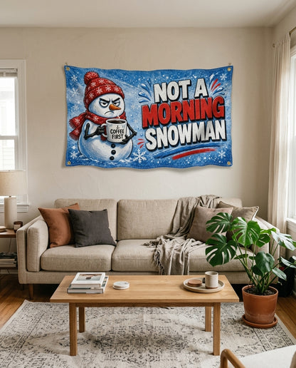 Not A Morning Snowman flag used as holiday living room wall decor
