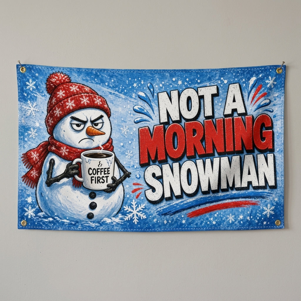 Not A Morning Snowman flag 3x5 with a grumpy snowman holding a coffee mug, hung on a wall