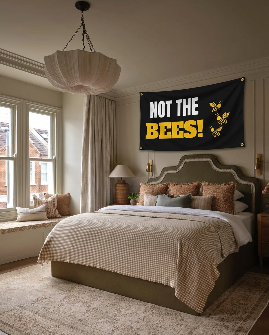 Bee Panic funny wall flag hanging in a bedroom