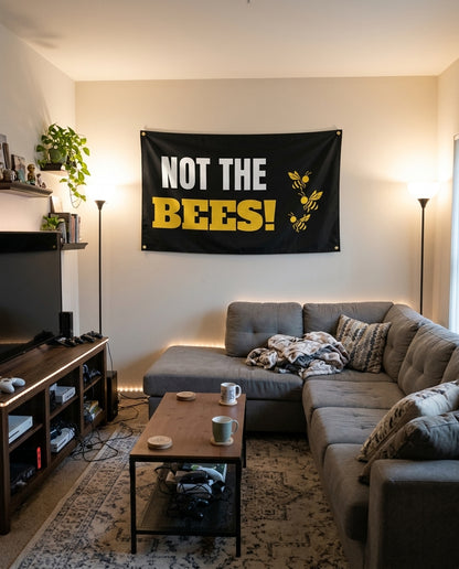 Bee Panic flag decorating a game room wall