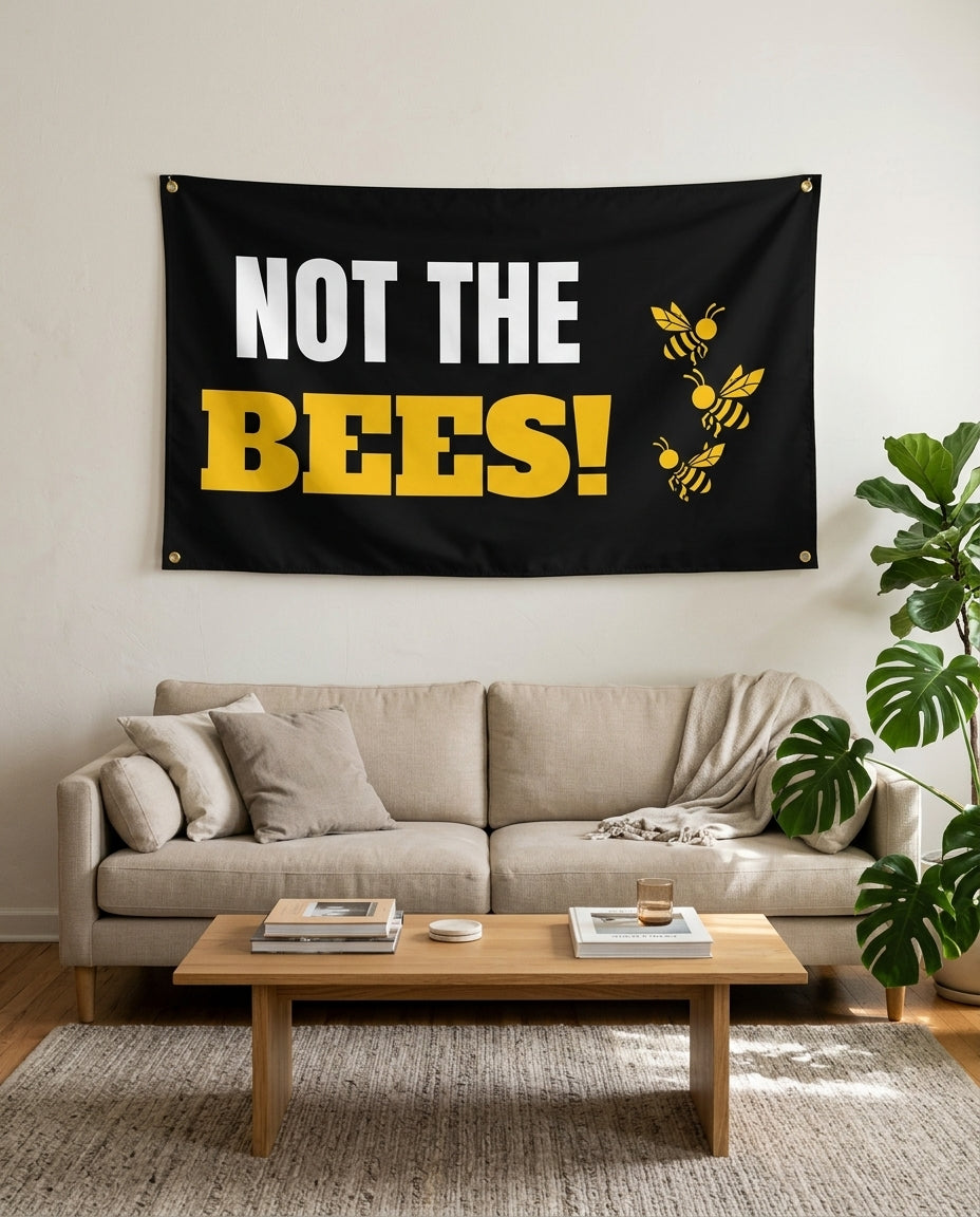 Bee Panic flag used as living room wall decor