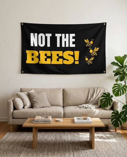 Bee Panic flag used as living room wall decor