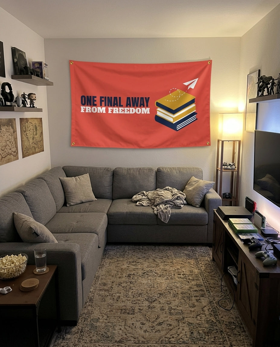 One Final Away From Freedom flag decorating a game room wall