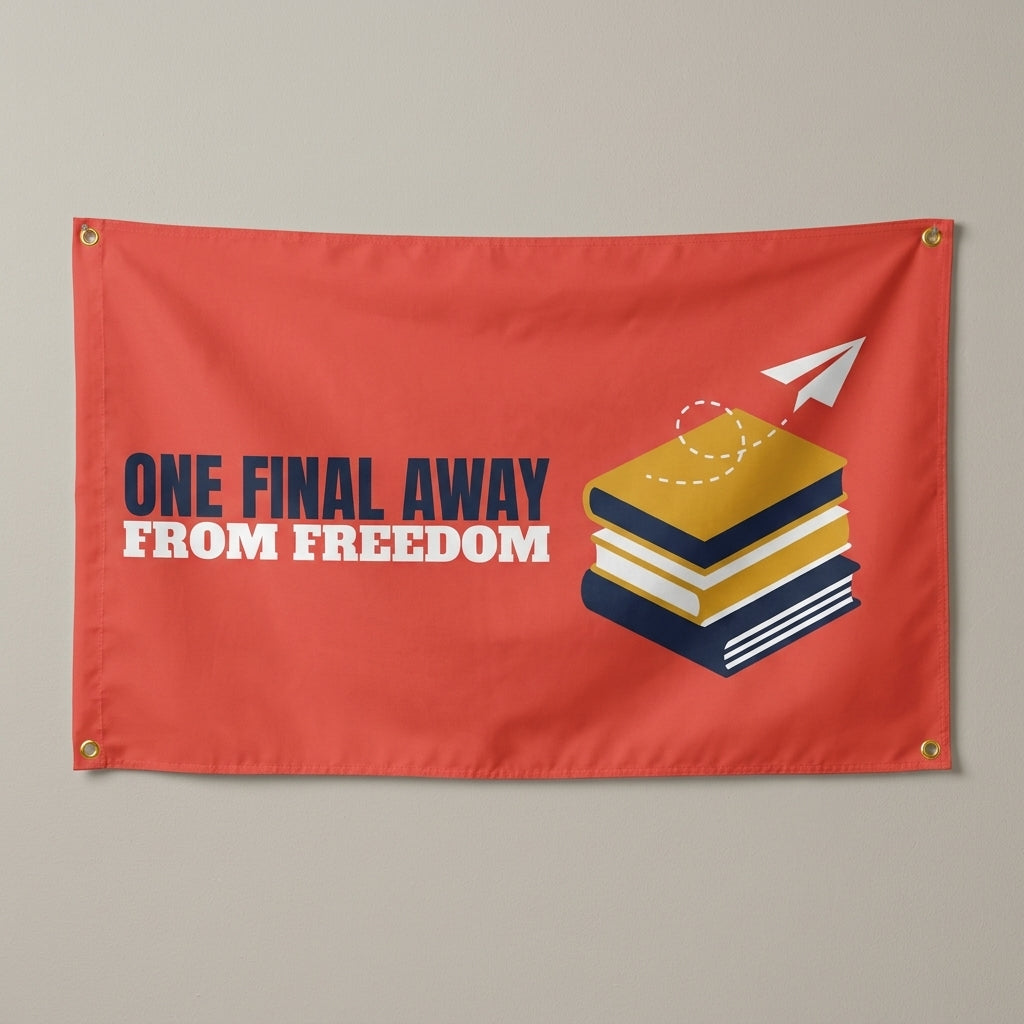 One Final Away From Freedom flag 3x5 in coral with books and a paper airplane, hung on a wall