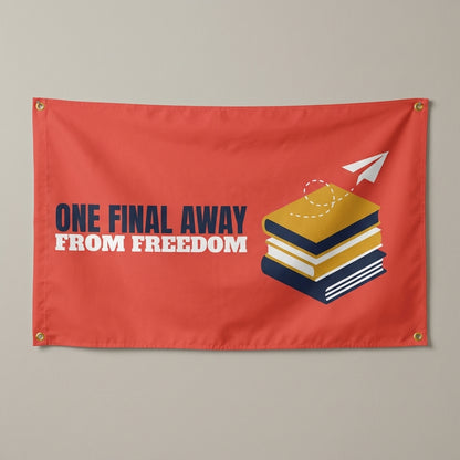 One Final Away From Freedom flag 3x5 in coral with books and a paper airplane, hung on a wall