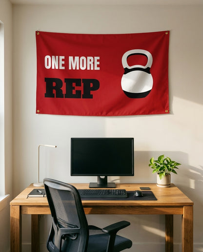 One More Rep 3x5 flag on a home office wall