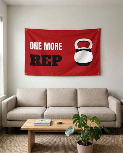 One More Rep flag used as living room wall decor