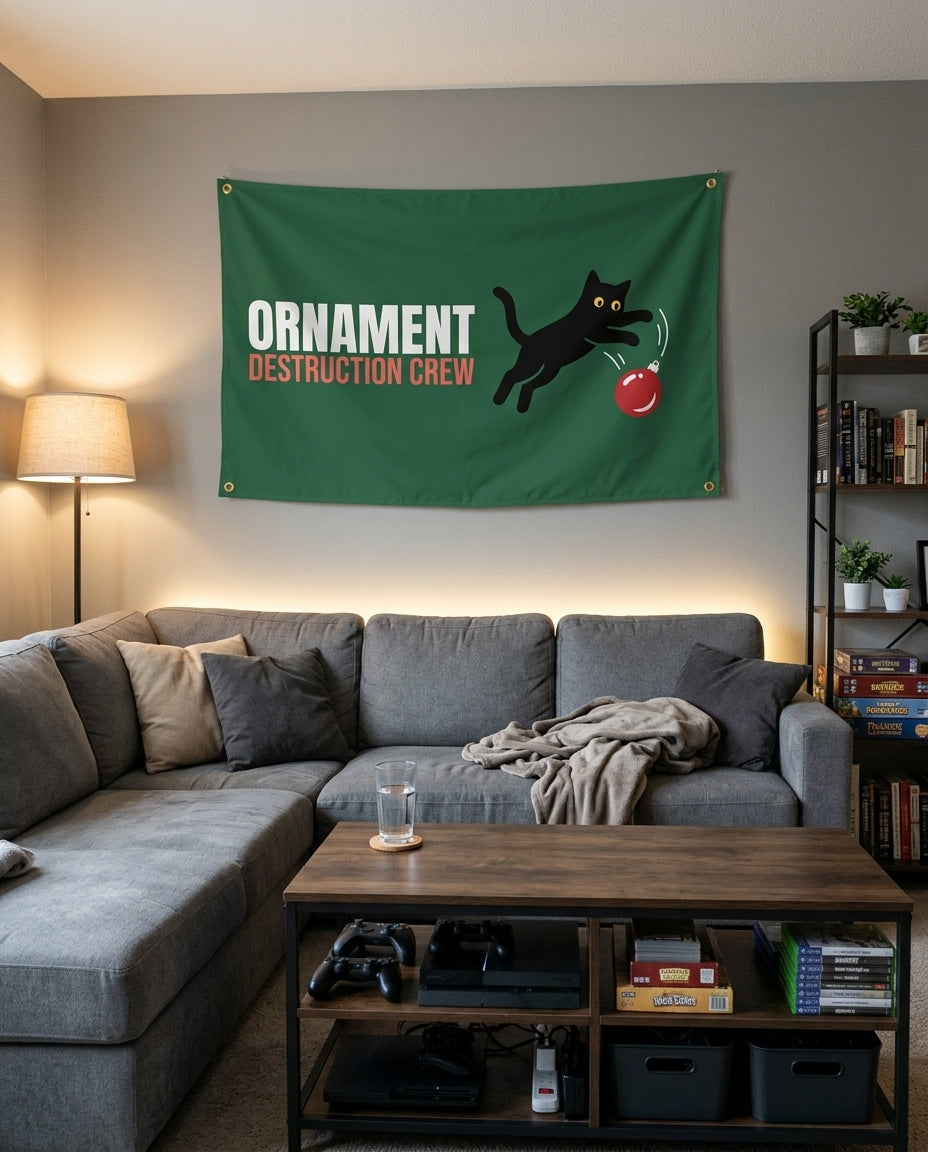 Ornament Destruction Crew flag decorating a game room wall
