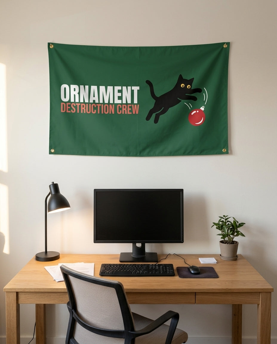 Ornament Destruction Crew 3x5 flag on a home office wall