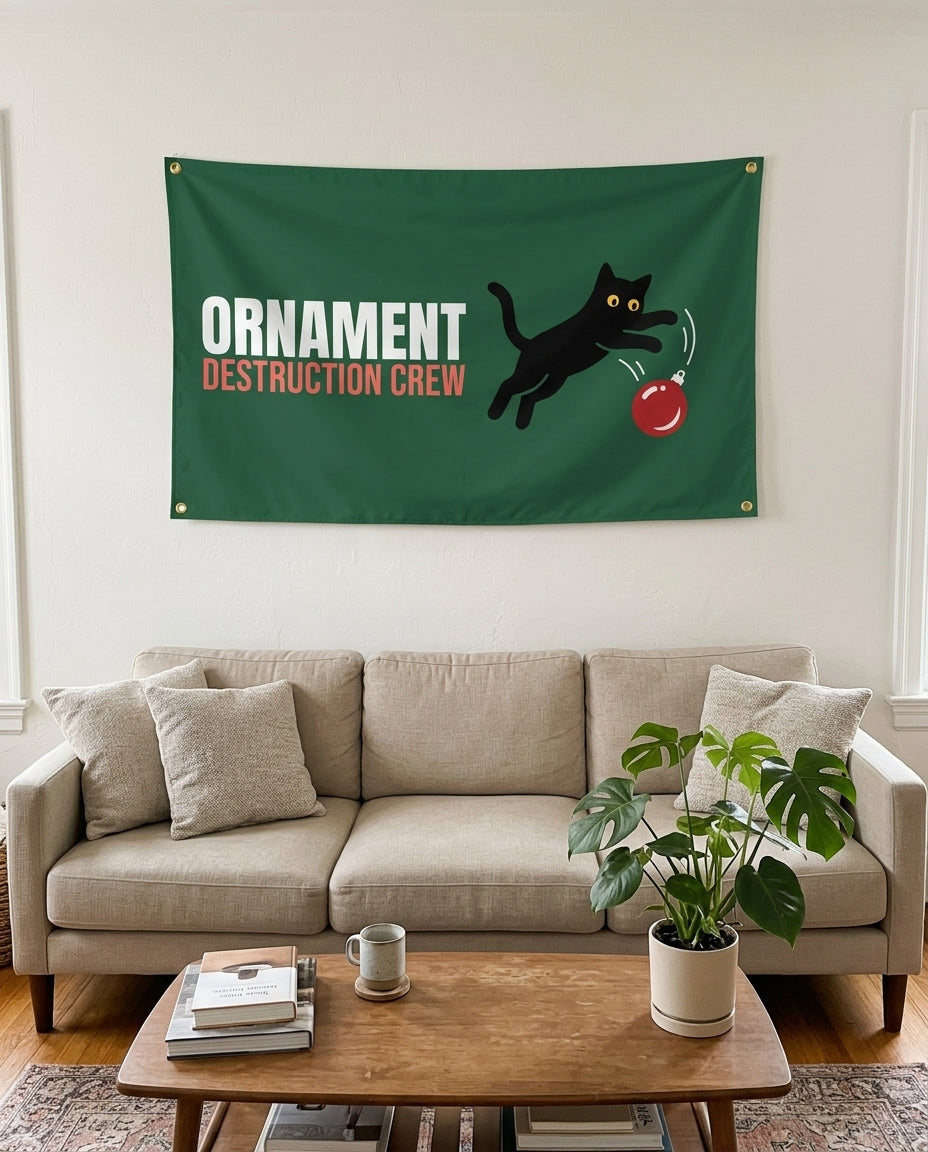 Ornament Destruction Crew flag used as living room wall decor