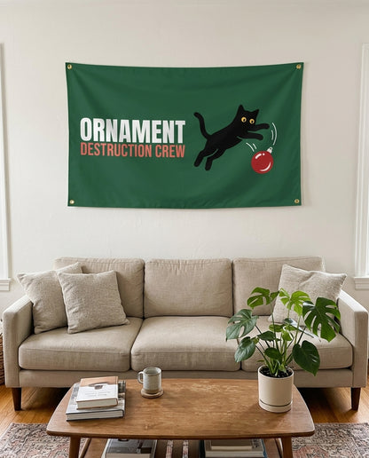 Ornament Destruction Crew flag used as living room wall decor