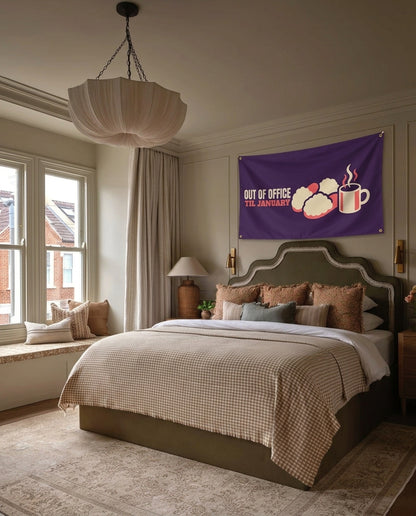 Out Of Office Til January winter wall flag hanging in a bedroom