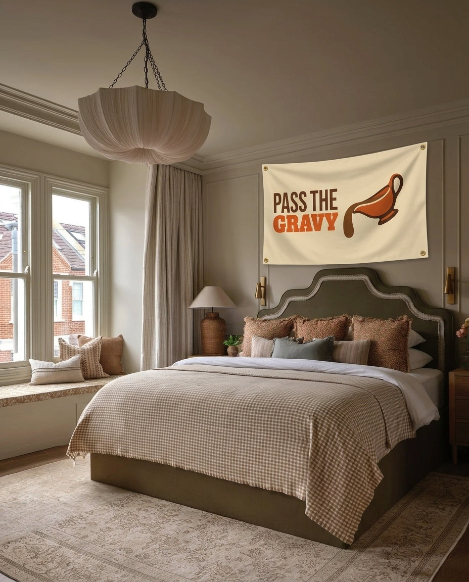 Pass The Gravy Thanksgiving wall flag hanging in a bedroom