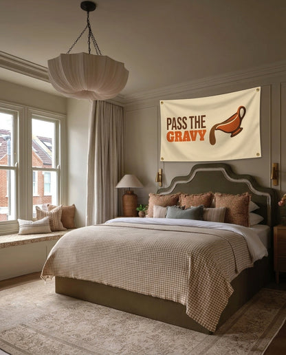 Pass The Gravy Thanksgiving wall flag hanging in a bedroom