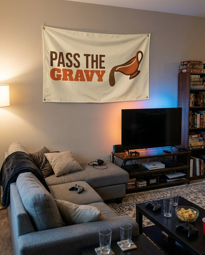 Pass The Gravy flag decorating a game room wall