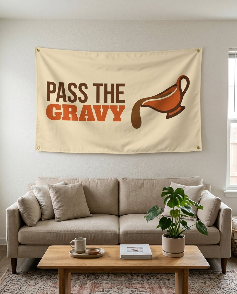 Pass The Gravy flag used as living room wall decor