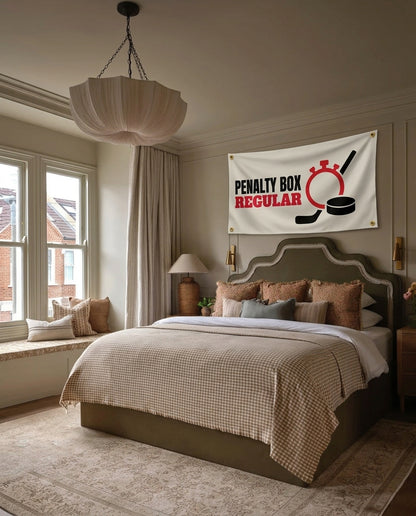Penalty Box Regular hockey wall flag hanging in a bedroom