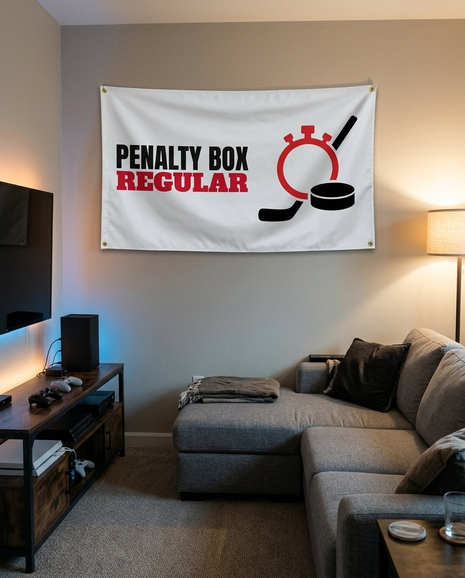 Penalty Box Regular flag decorating a game room wall
