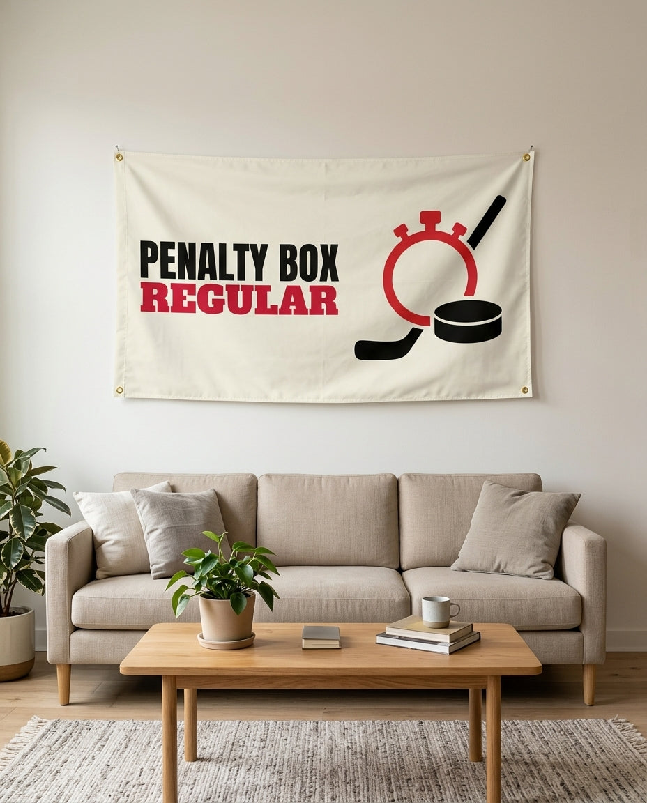 Penalty Box Regular flag used as living room wall decor