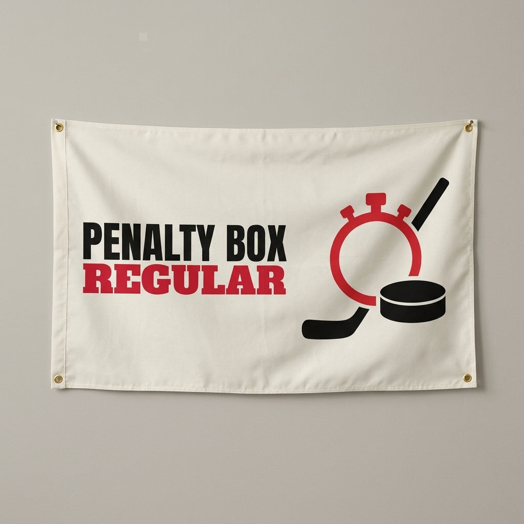 Penalty Box Regular flag 3x5 in white with a stopwatch, hockey stick and puck, hung on a wall