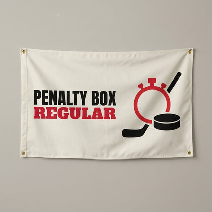 Penalty Box Regular flag 3x5 in white with a stopwatch, hockey stick and puck, hung on a wall