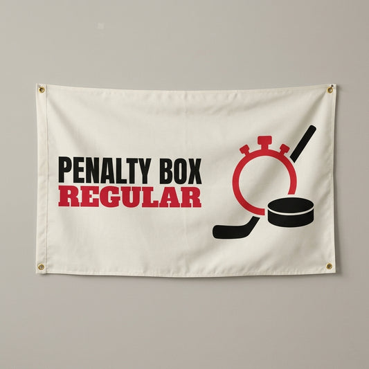 Penalty Box Regular flag 3x5 in white with a stopwatch, hockey stick and puck, hung on a wall