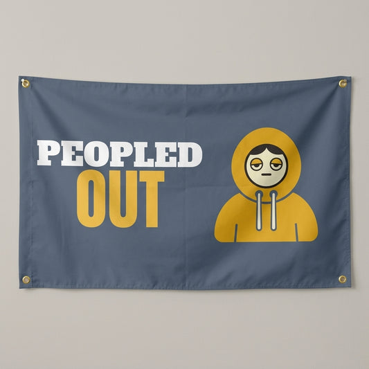 Peopled Out flag 3x5 in slate grey with a tired figure in a hoodie, hung on a wall