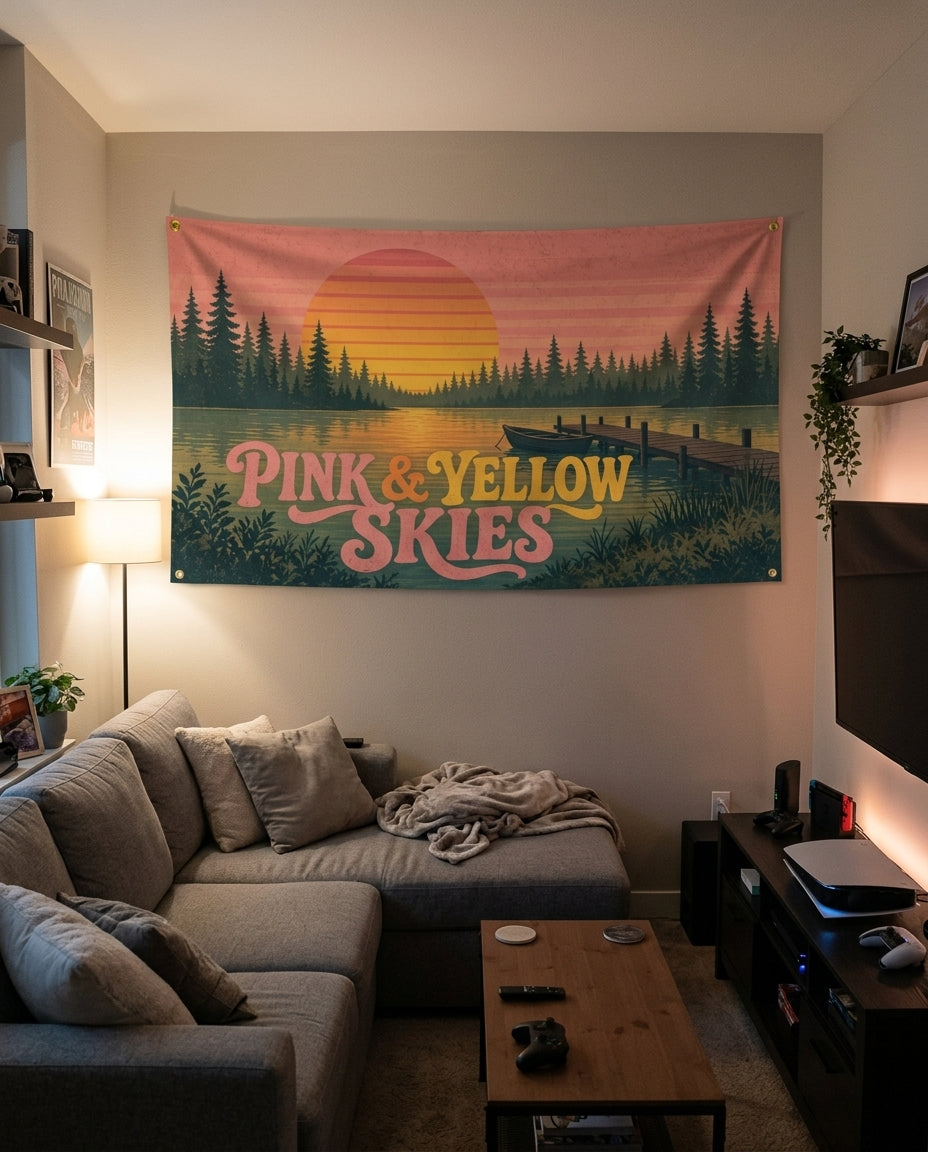 Pink and Yellow Skies retro flag decorating a game room wall