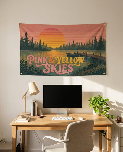 Pink and Yellow Skies 3x5 flag on a home office wall
