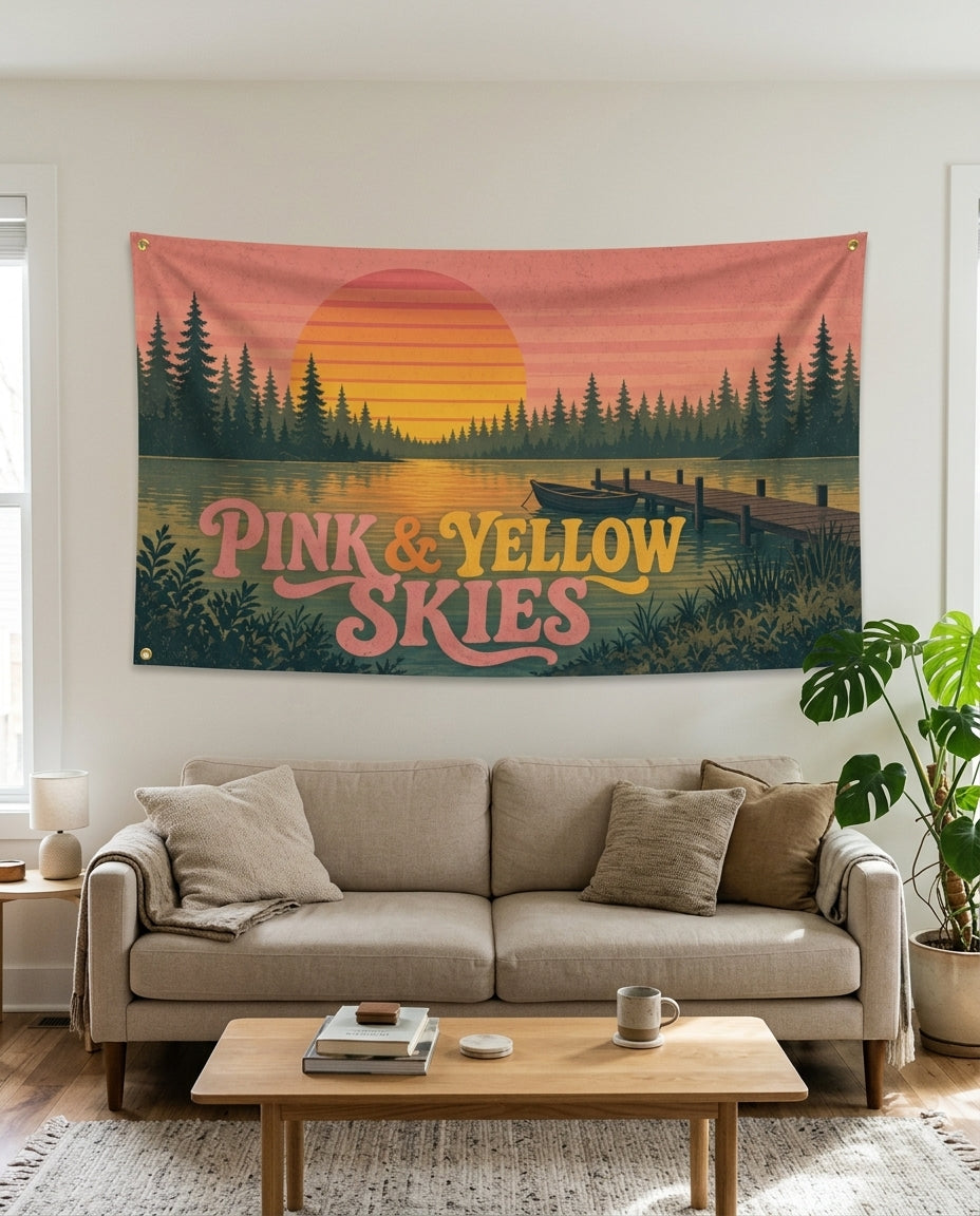 Pink and Yellow Skies lake sunset flag used as living room wall decor