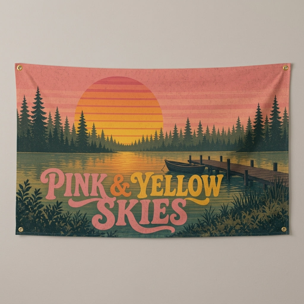 Pink and Yellow Skies flag 3x5 with a retro lake sunset, hung on a gray wall